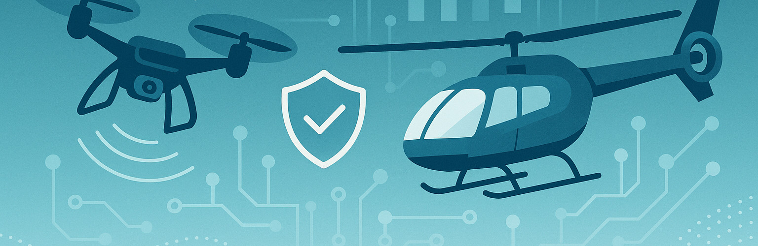 collage of illustrations of a drone, a helicopter, and a shield, over a background of circuitry
